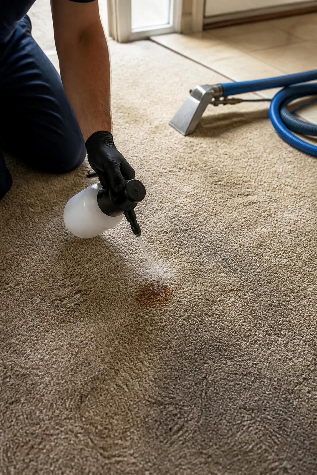 Technician applying focused pre-treatment to a carpet spot