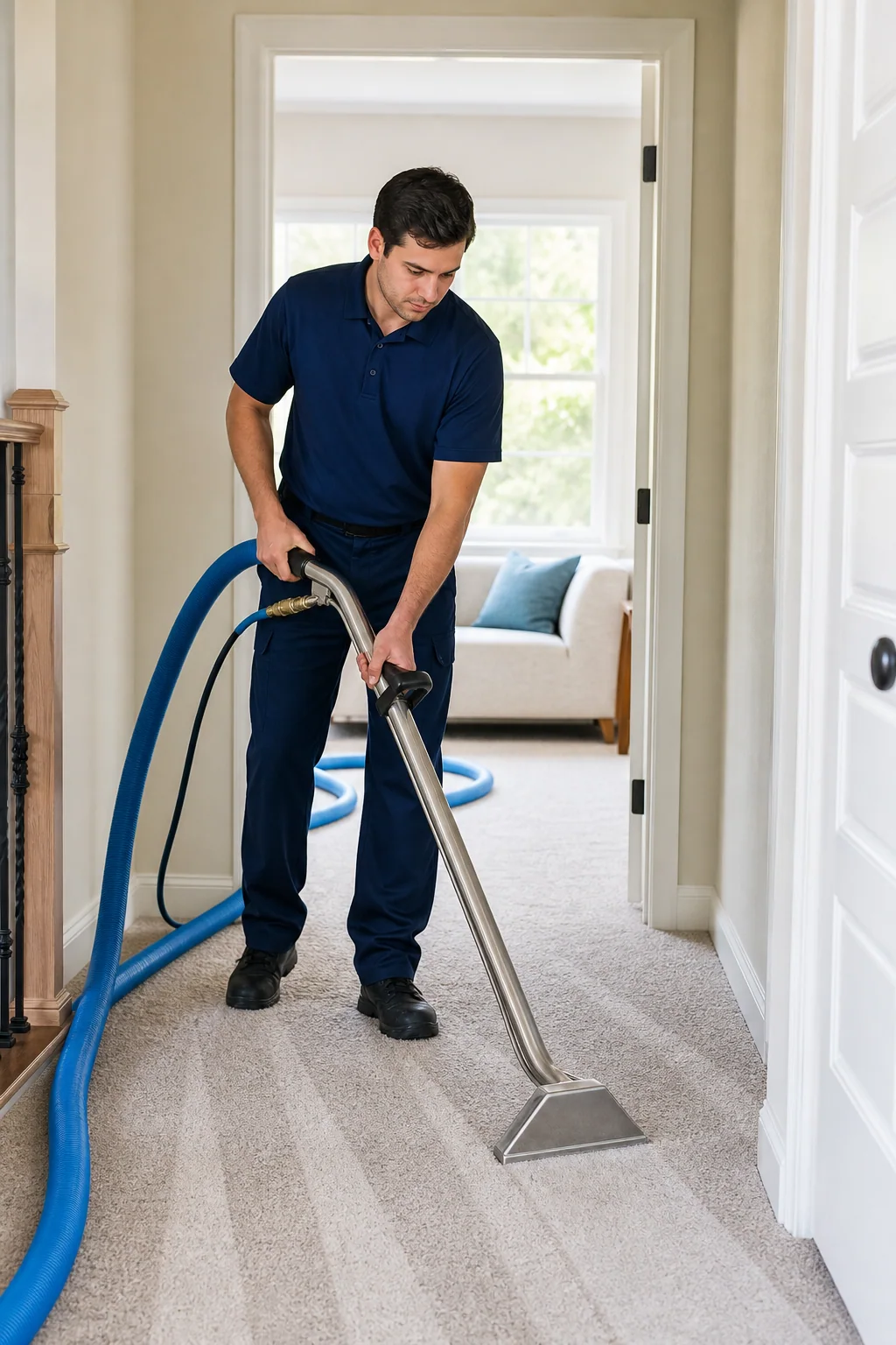 Professional technician cleaning carpet through a residential hallway