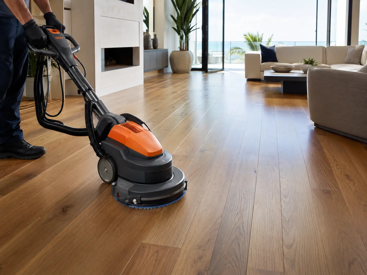 Hardwood floor cleaning machine working along the wood grain