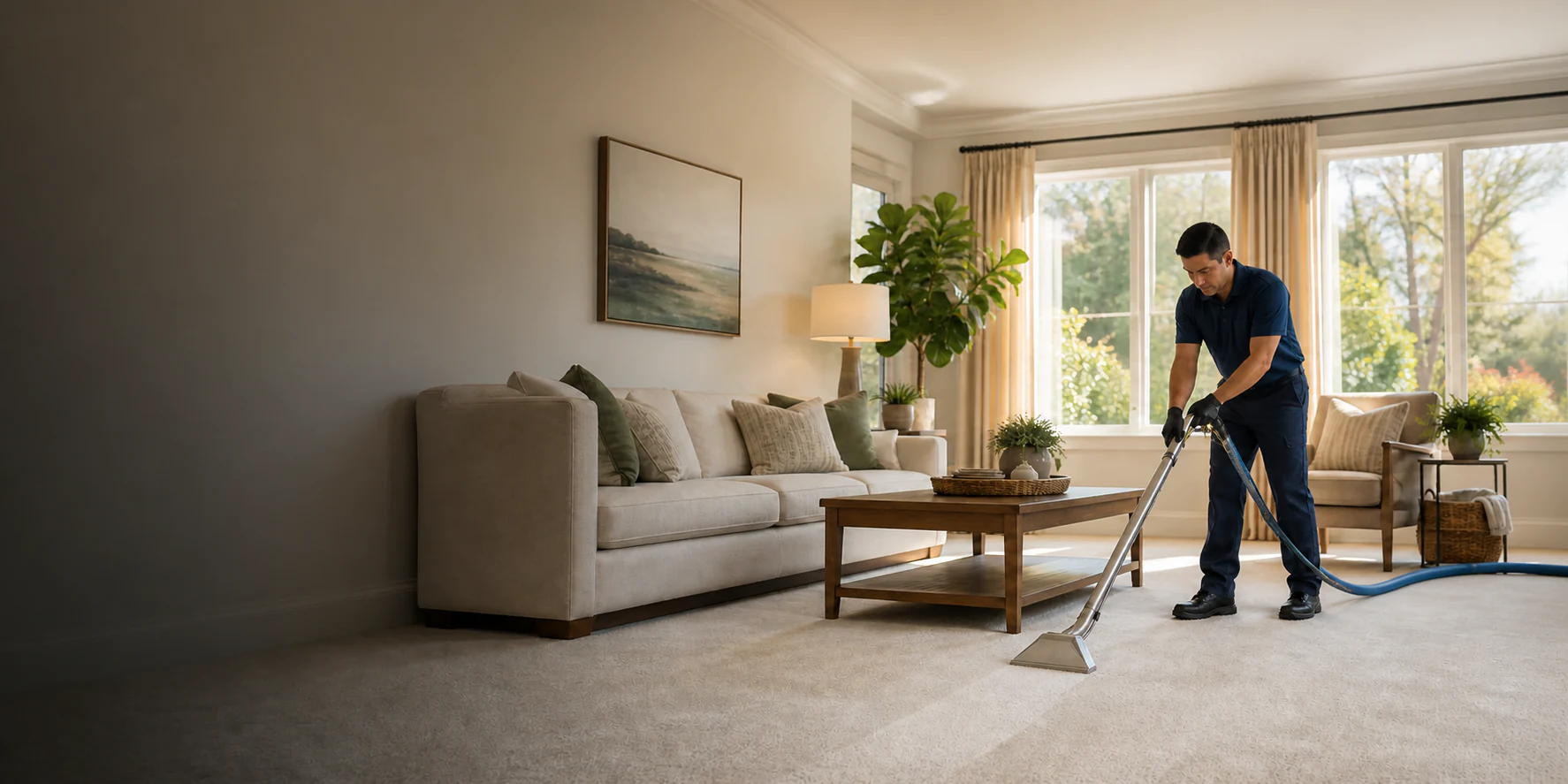 Professional carpet cleaning in a bright residential living room
